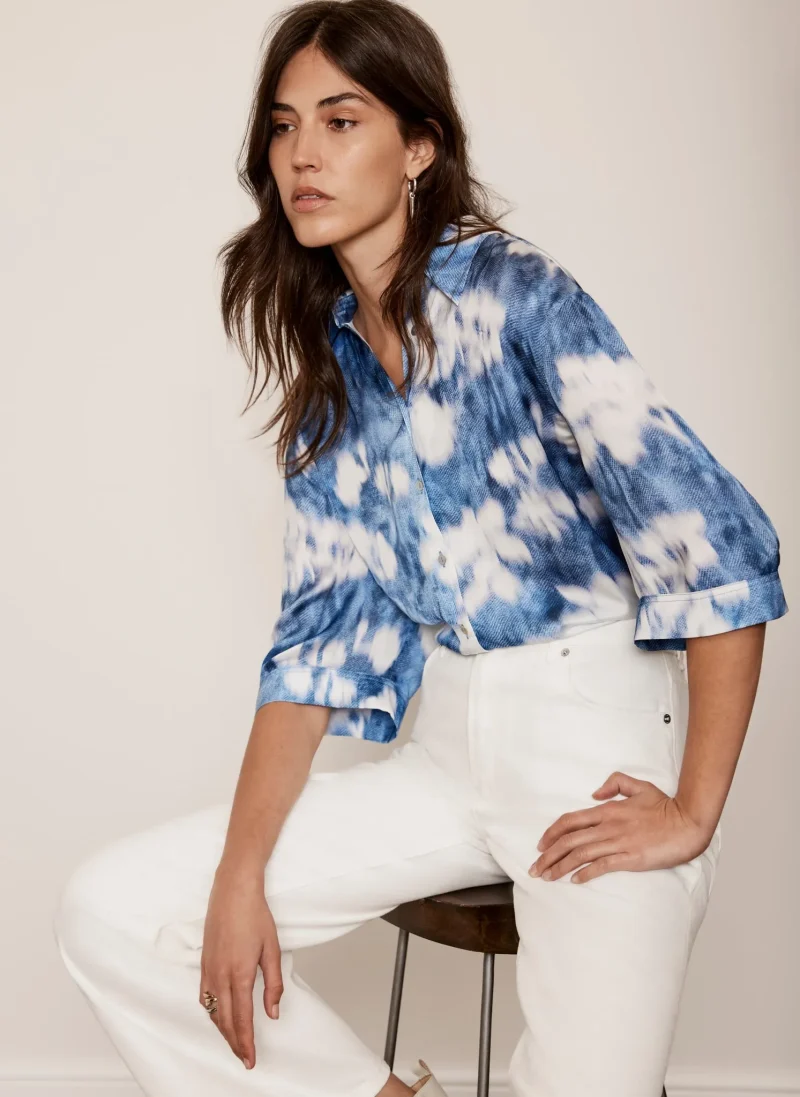 abstract blue floral satin shirt