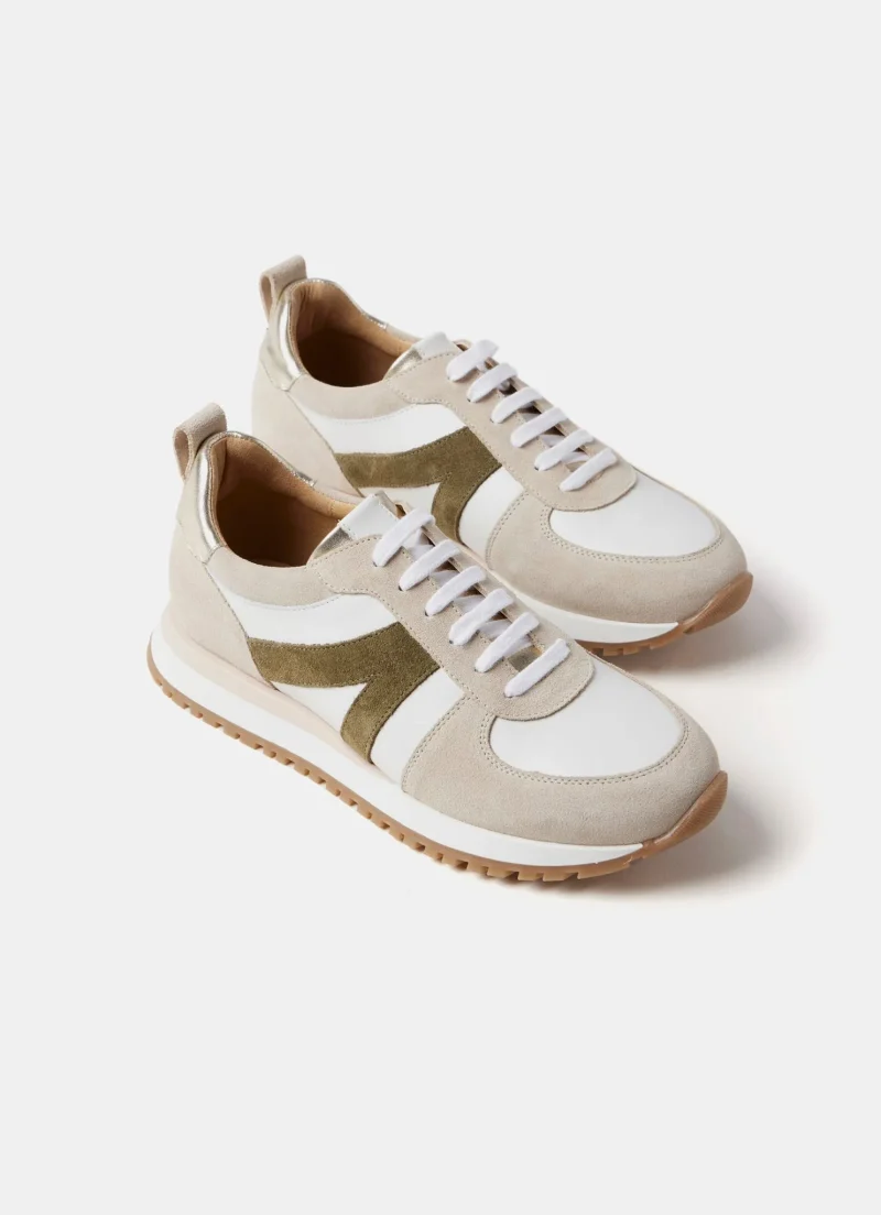 beige suede running shoes