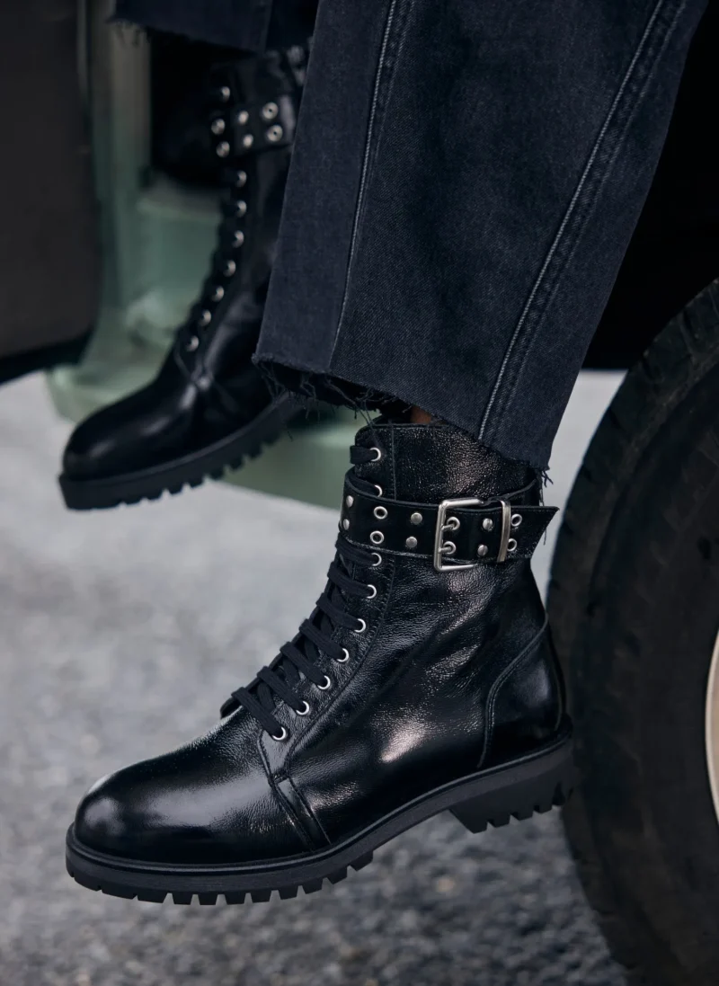 black biker boots patent leather