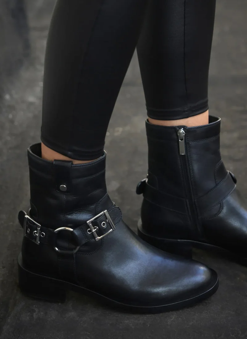 black buckled biker ankle boots leather