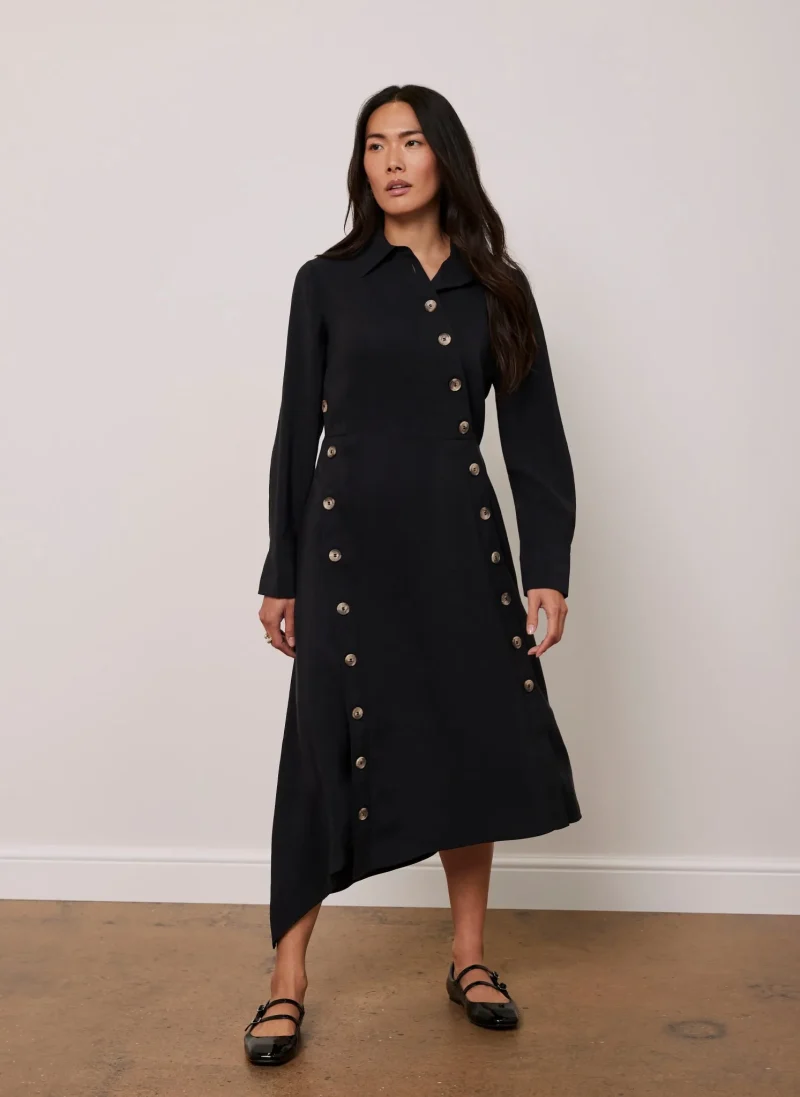 black button midi shirt dress for women