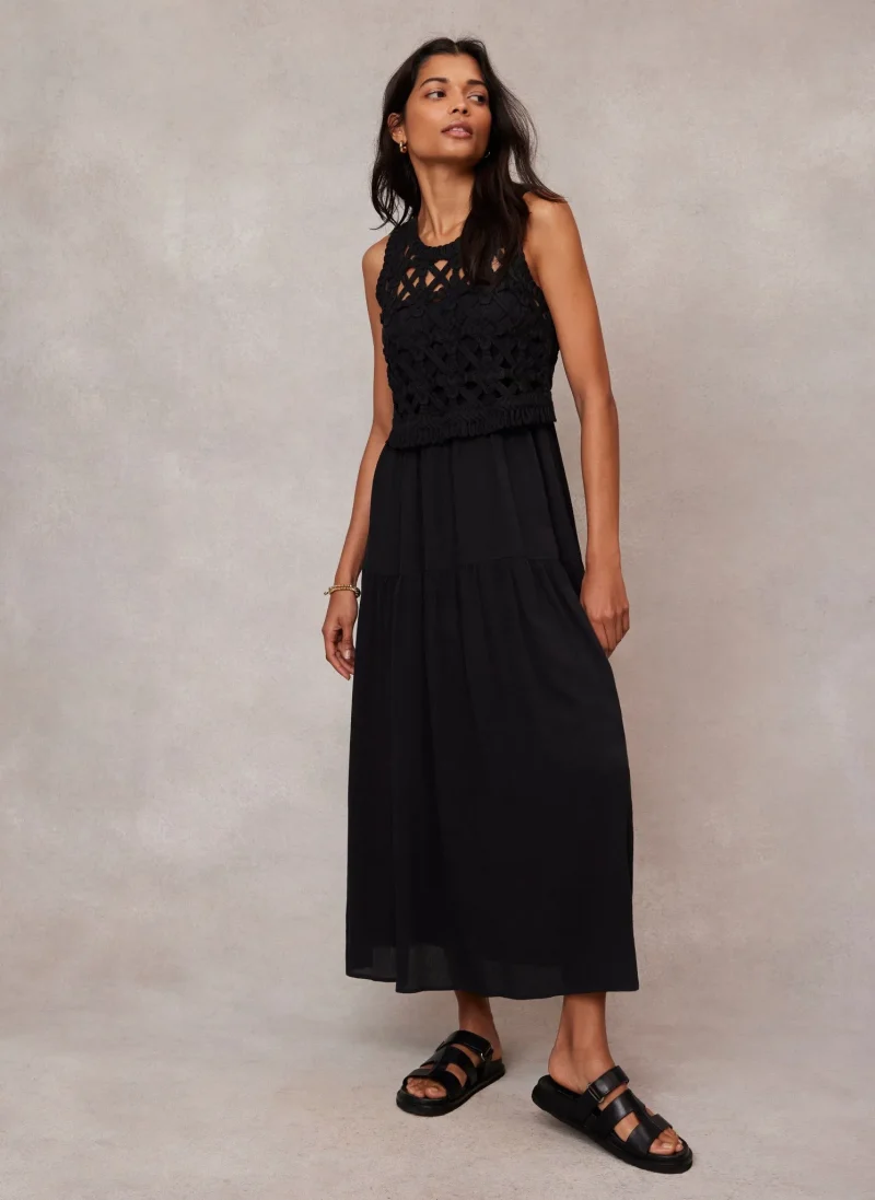 black cotton crochet midi dress