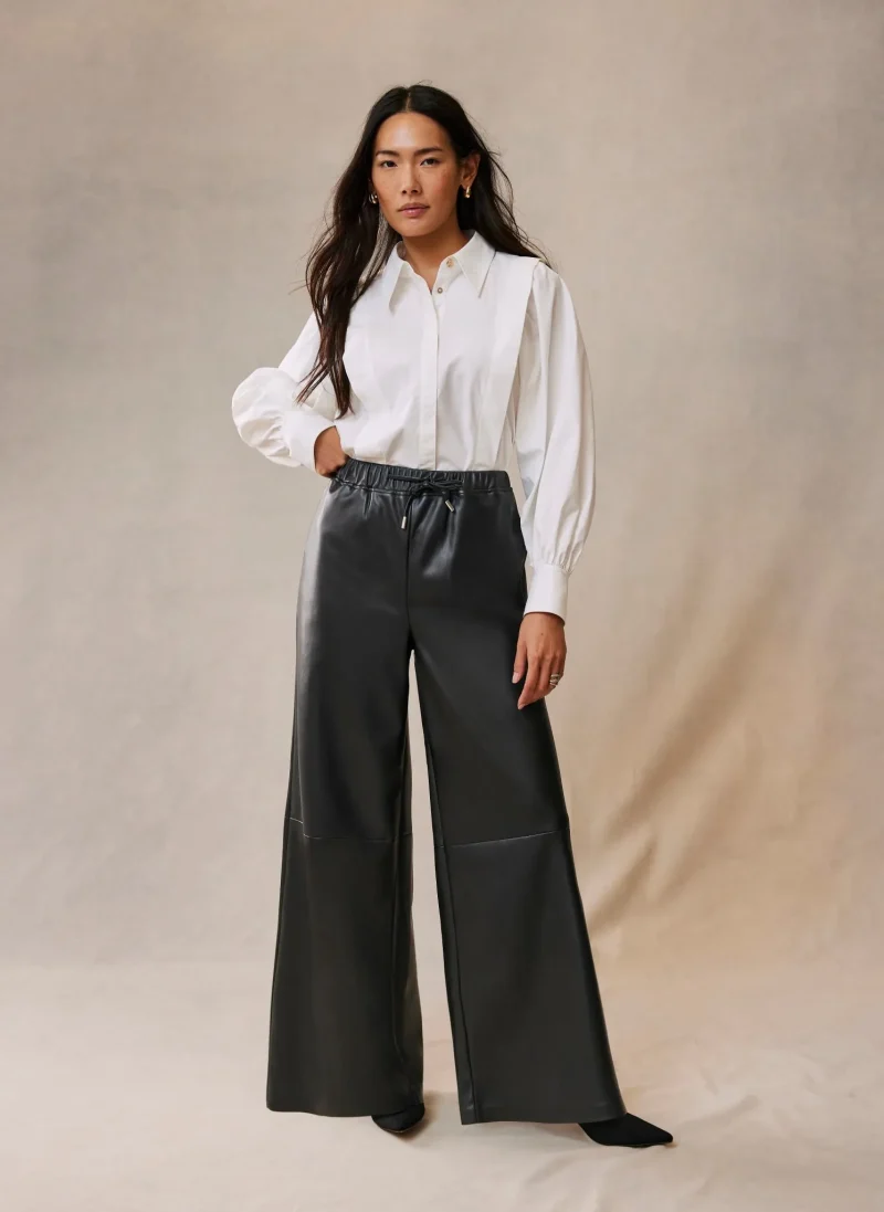 black faux leather wide leg pants