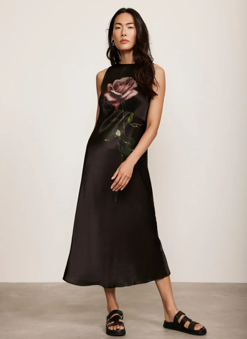 black floral satin midi dress