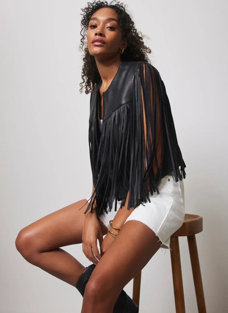 black fringed leather waistcoat