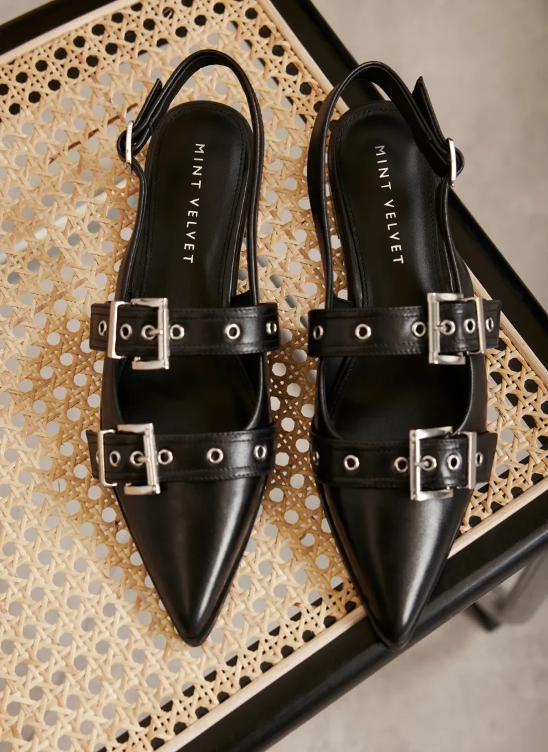 black leather flat shoes with buckles