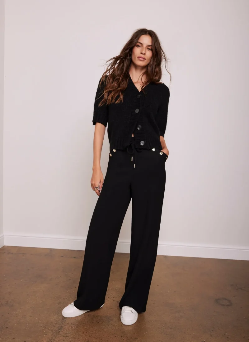 black leather wide leg trousers with studs