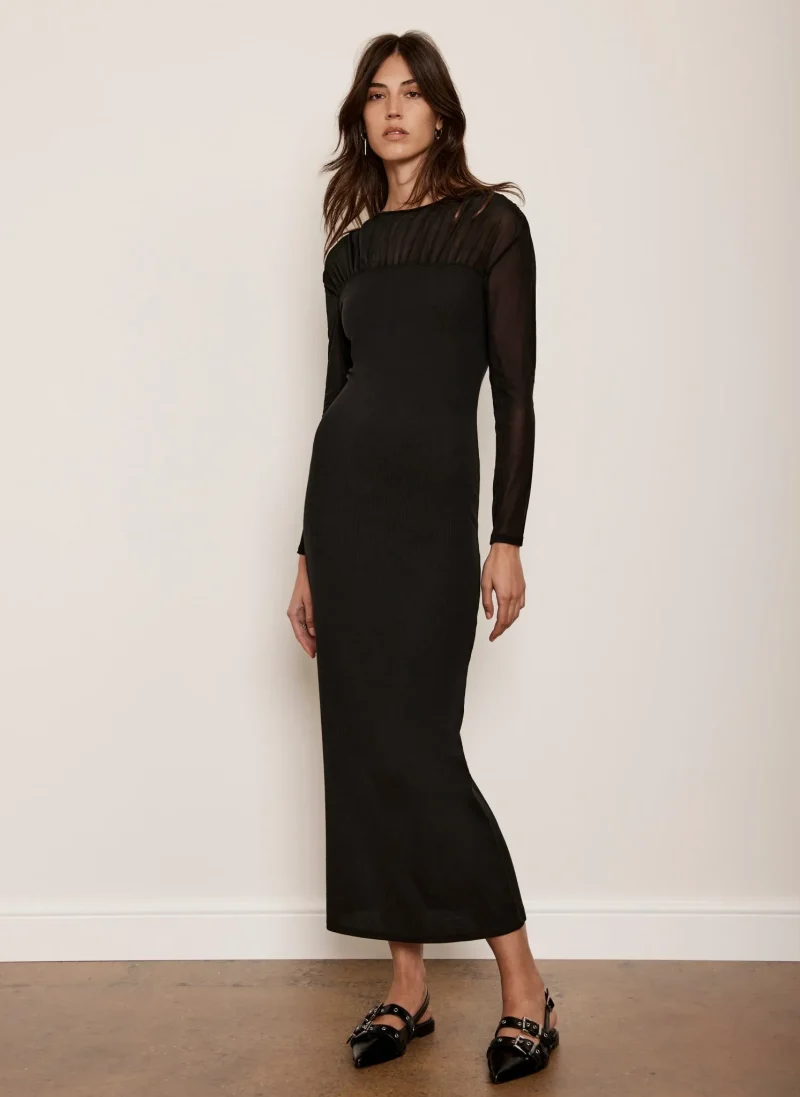 black mesh jersey maxi dress for women