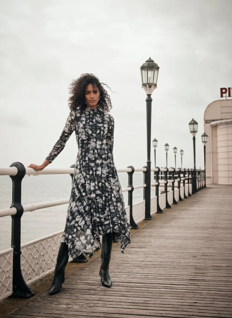 black mesh midi dress with abstract print