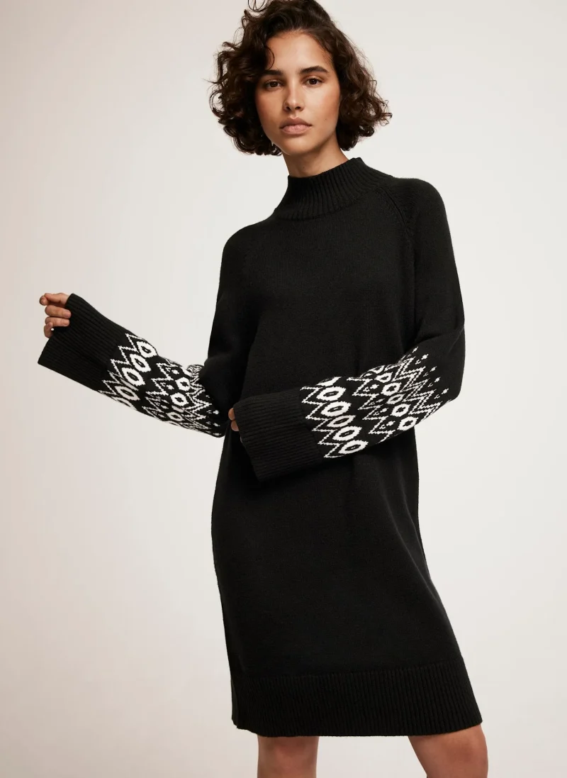 black mini dress with graphic sleeves