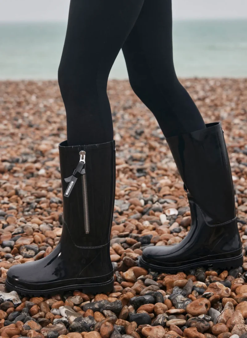 black patent knee high rain boots