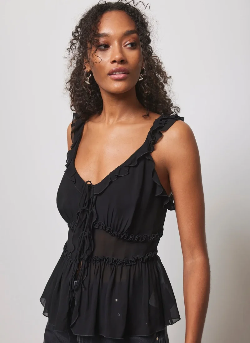 black ruffle cami top for women