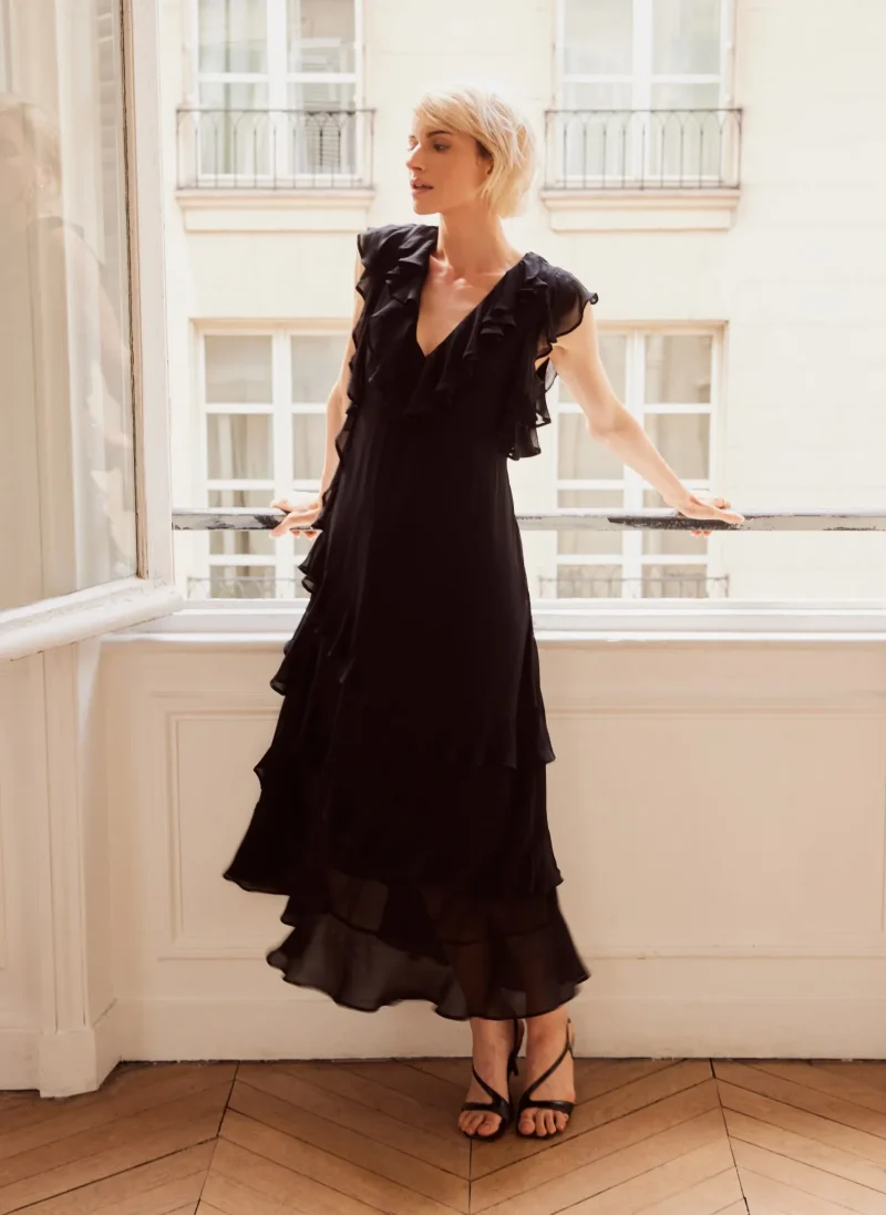 black ruffled maxi dress with layers