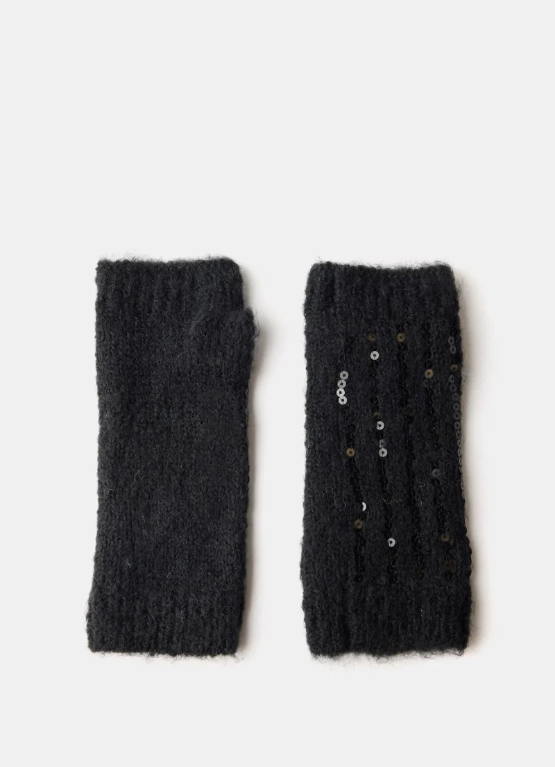 black sequin wool blend knit hand warmers