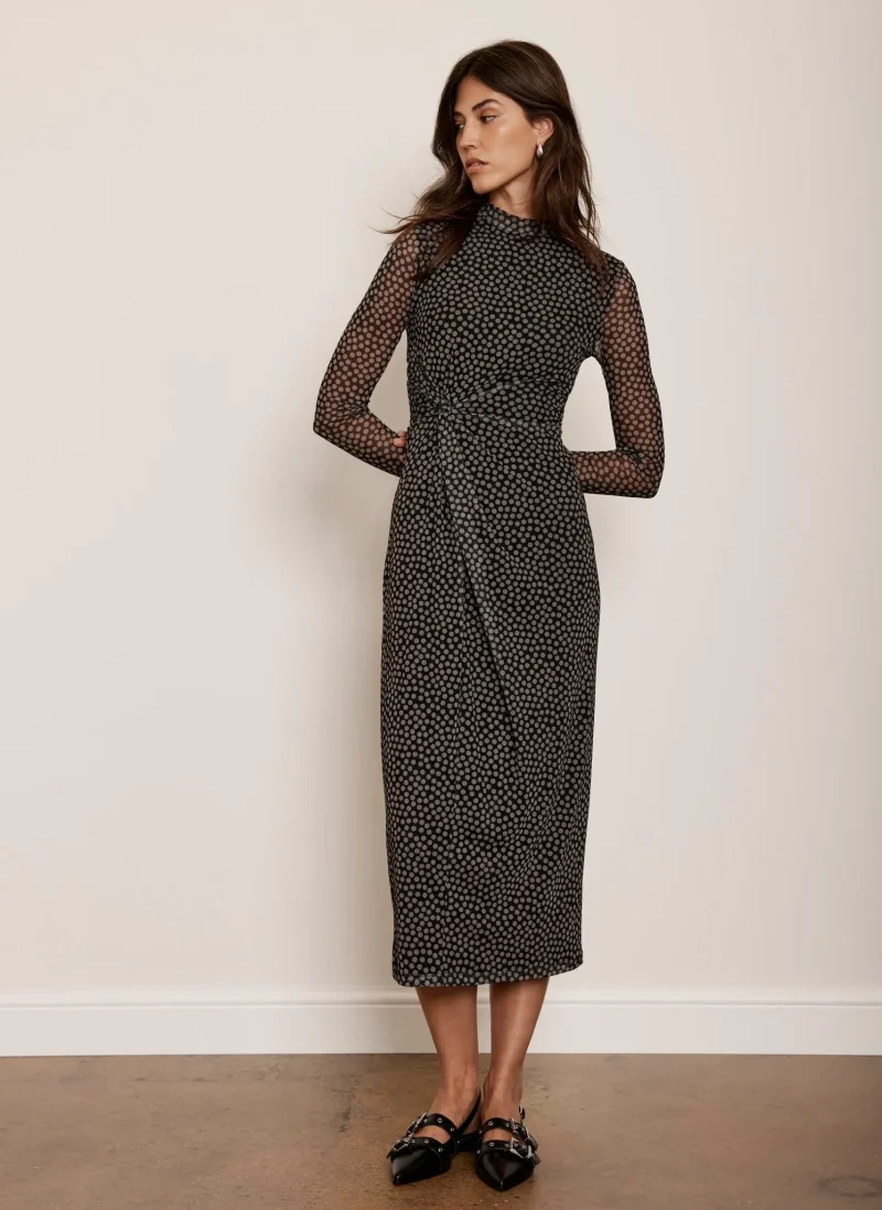 black spot mesh midi dress