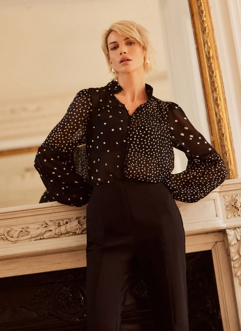 black spot print contrast blouse