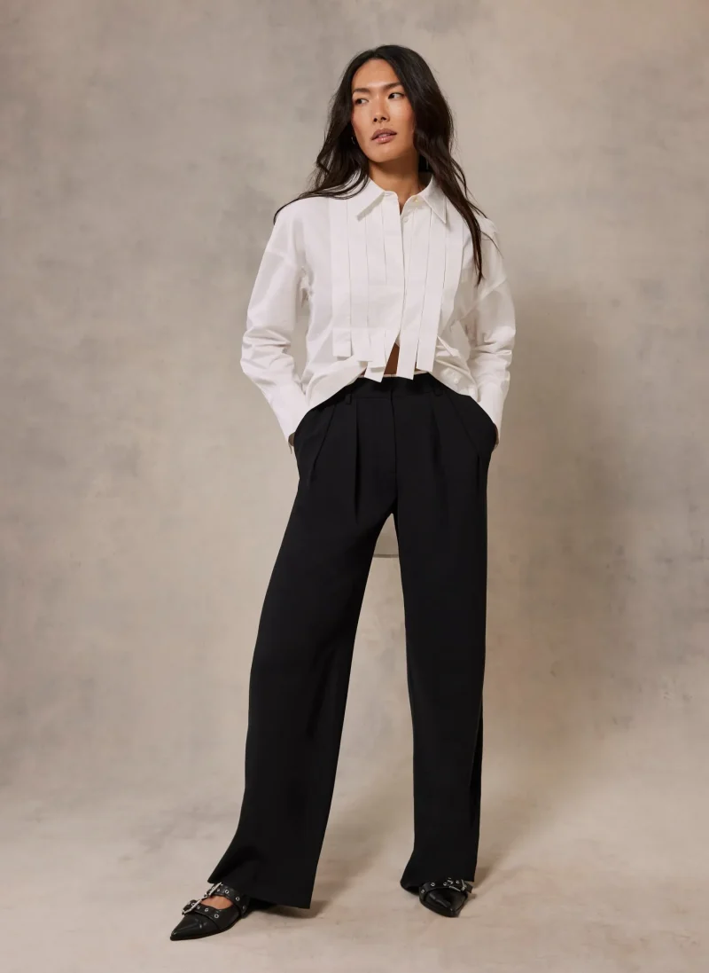 black straight trousers with waist detail