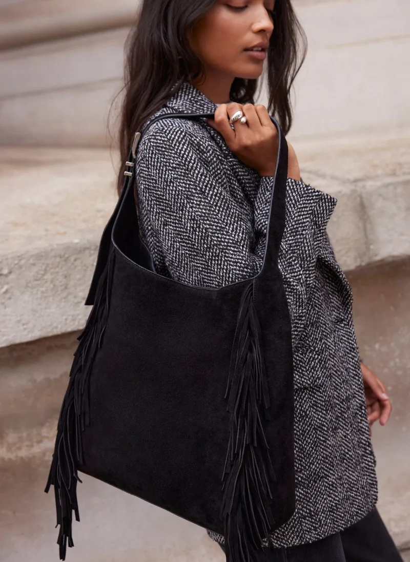 black suede fringe tote bag