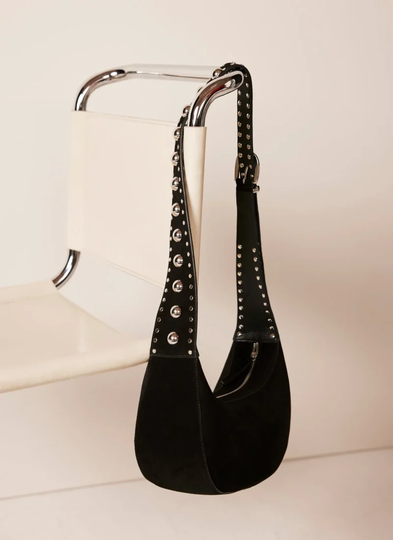 black suede studded sling backpack