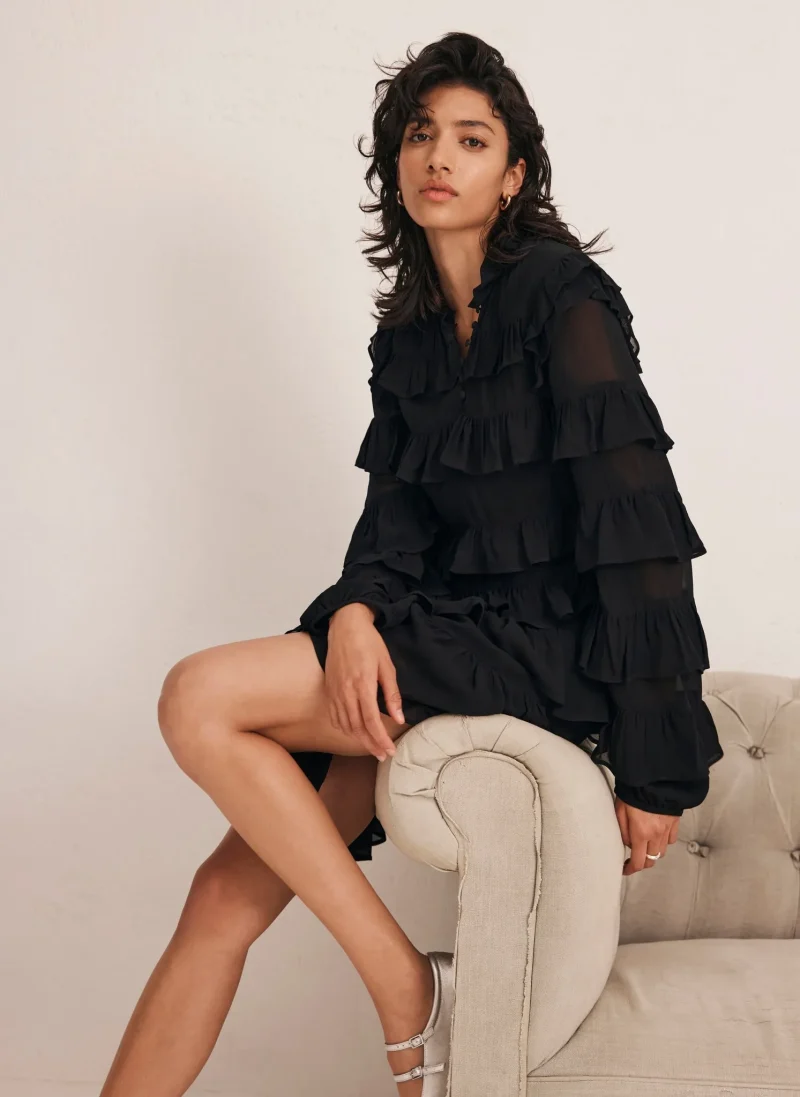 black tiered ruffle mini dress