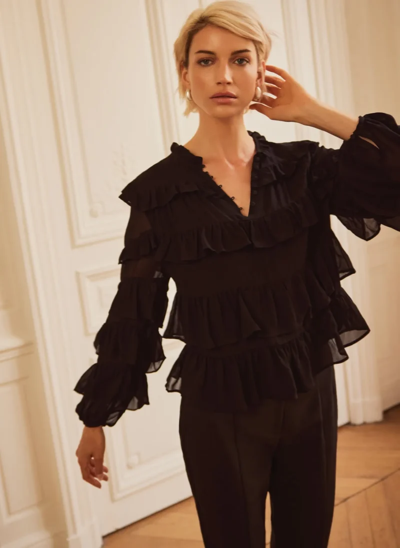 black tiered ruffled blouse