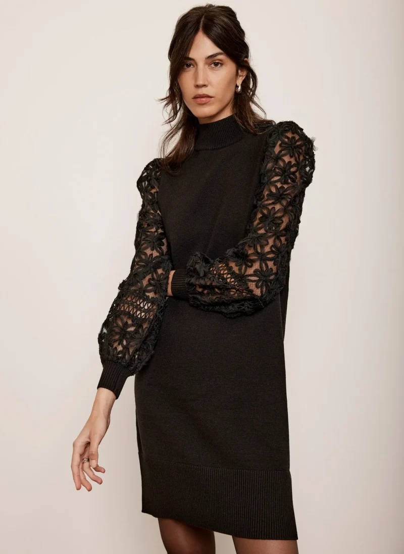 black woven mini dress with sleeves