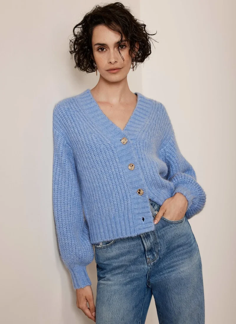 blue balloon sleeve sweater cardigan