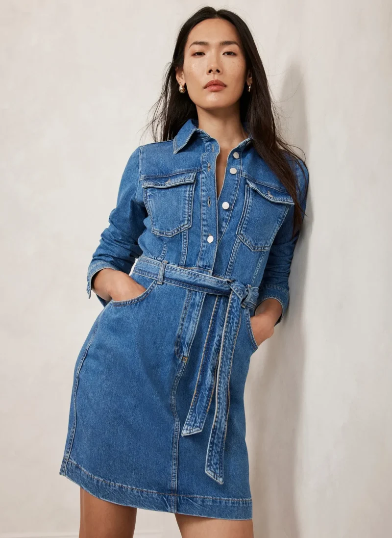 blue denim mini shirt dress for women