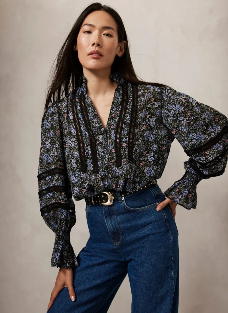 boho floral print black blouse