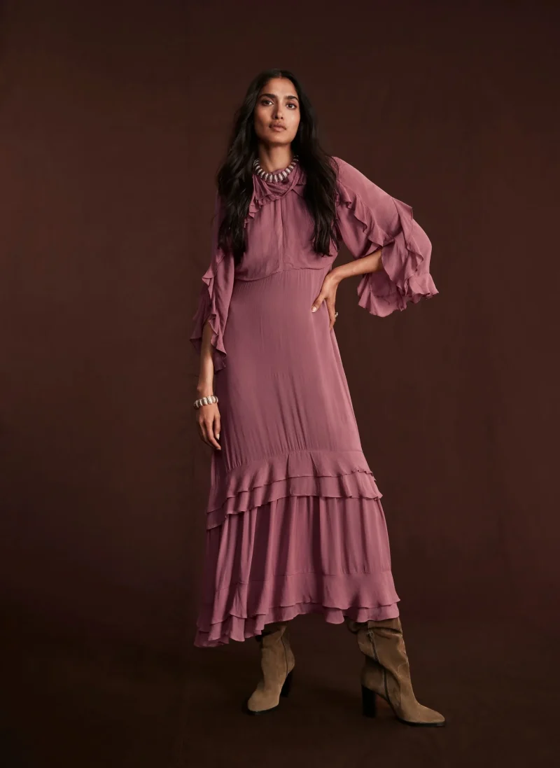 boho ruffle maxi dress in pink