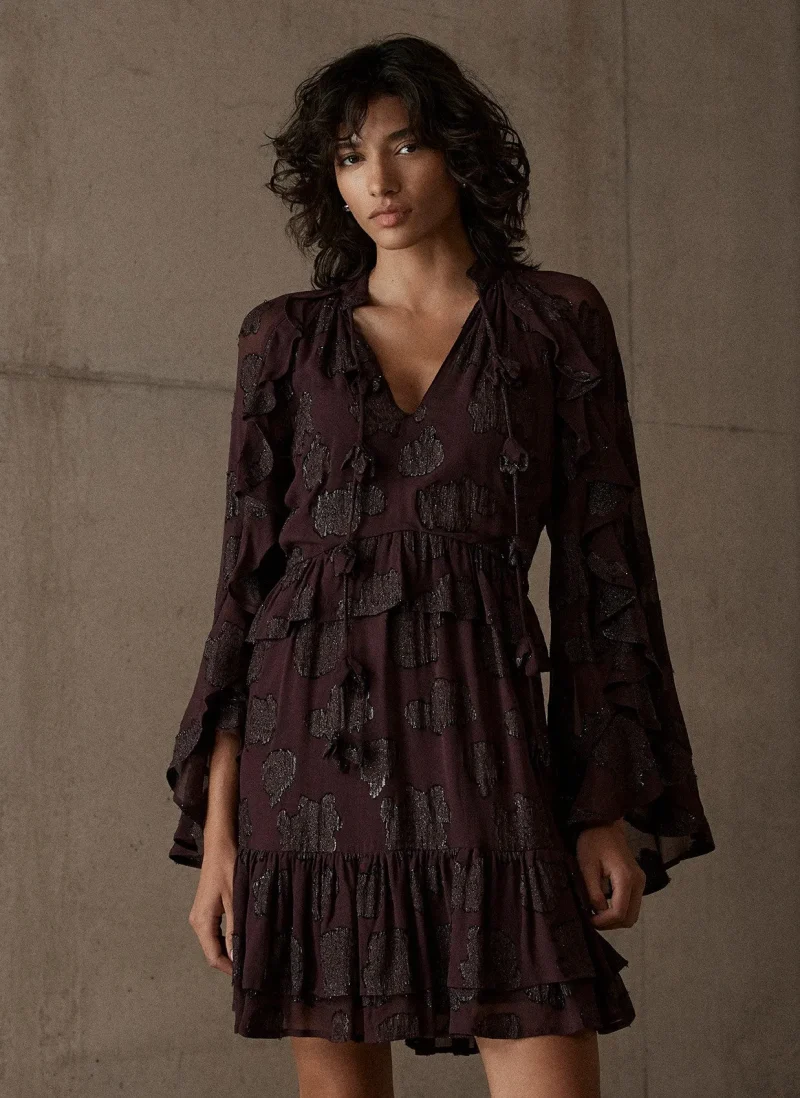 burgundy jacquard capelet mini dress