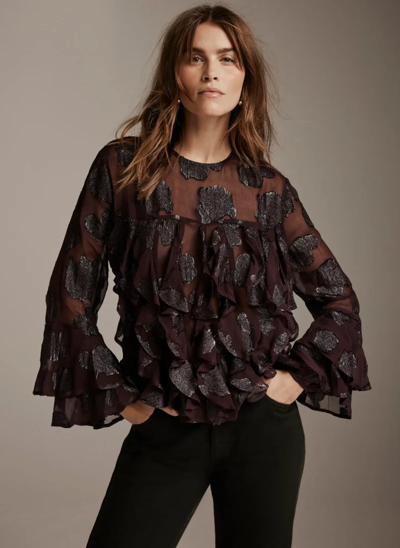 burgundy ruffle jacquard blouse