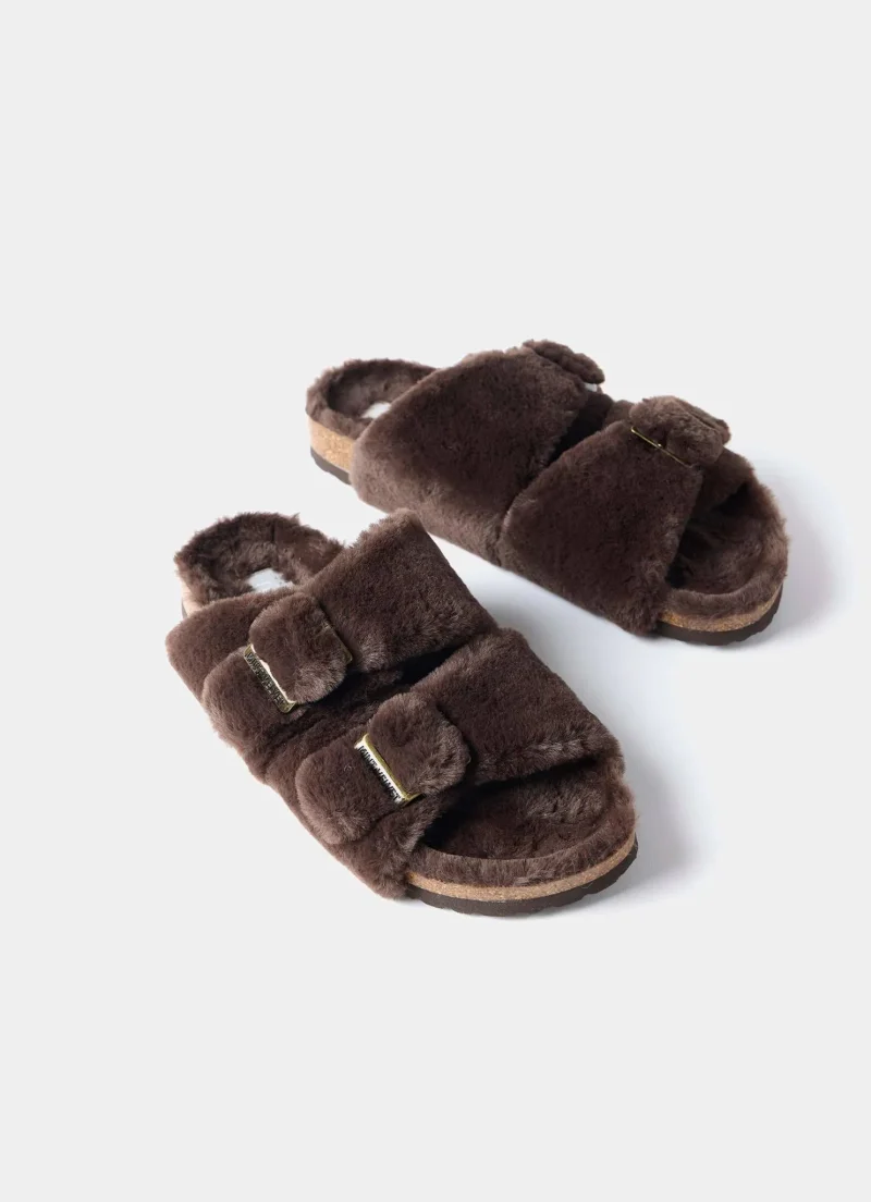 chocolate brown faux fur buckled slippers