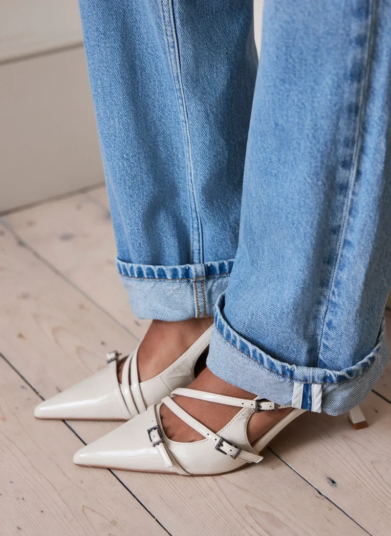 cream slingback heels with buckle