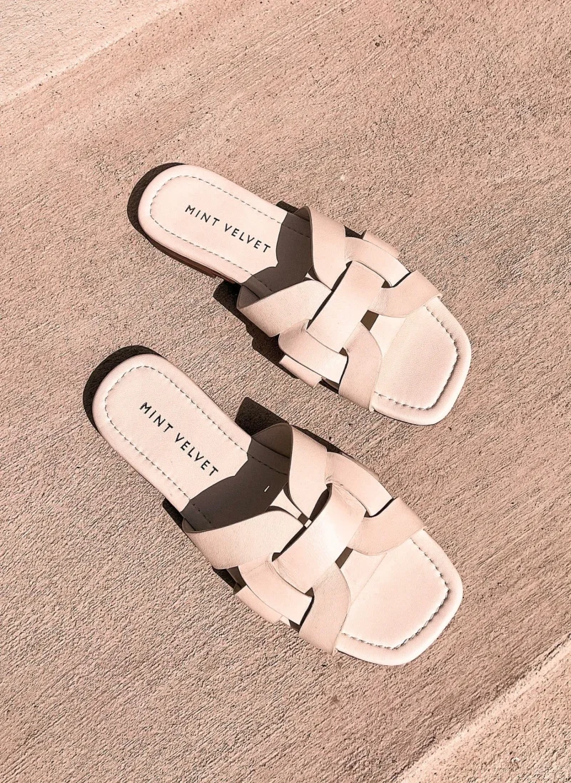 cream weave leather flat sandals