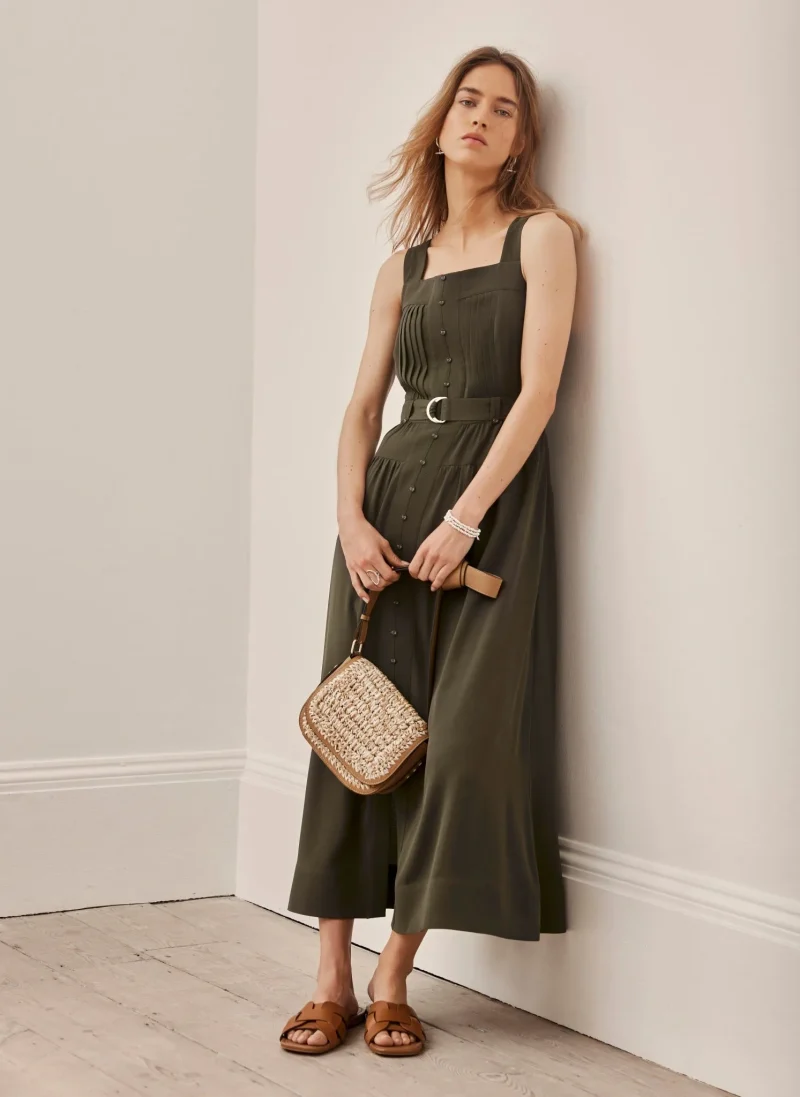 eco friendly khaki midi pinafore dress