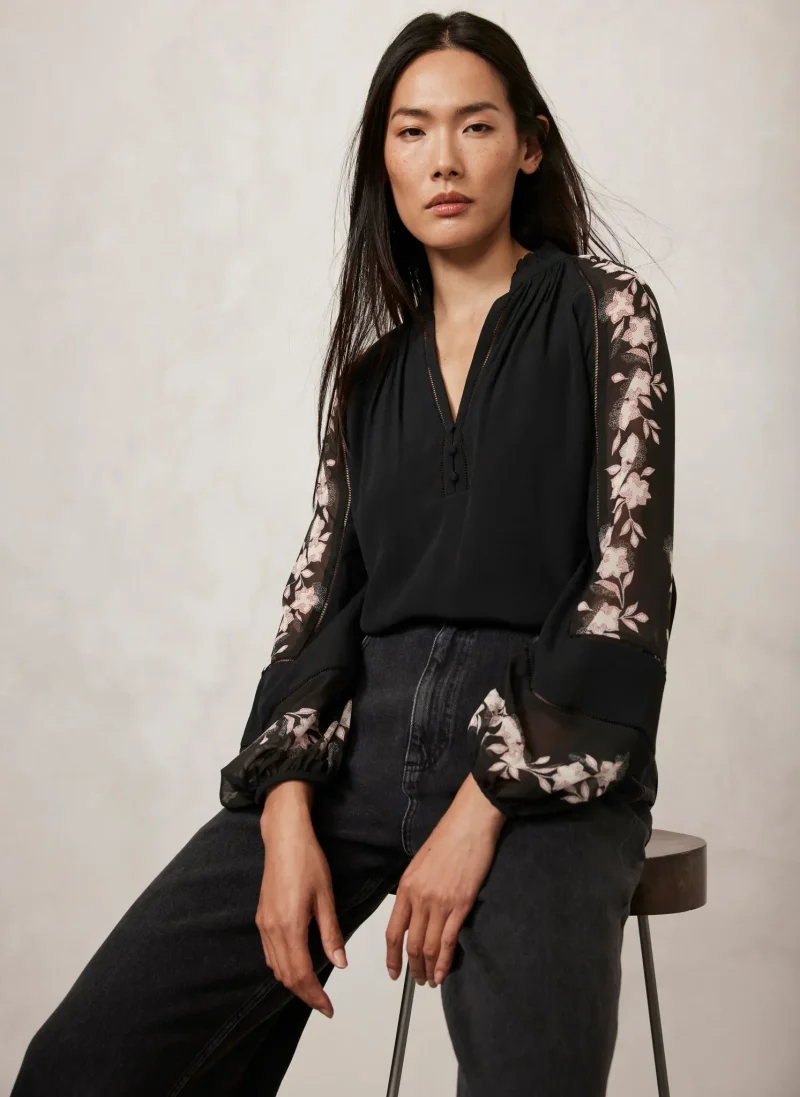 elegant black floral print blouse