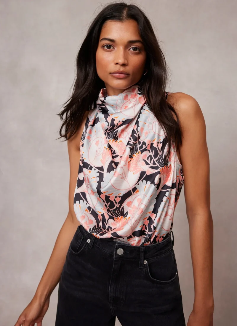 elegant black floral satin halter top