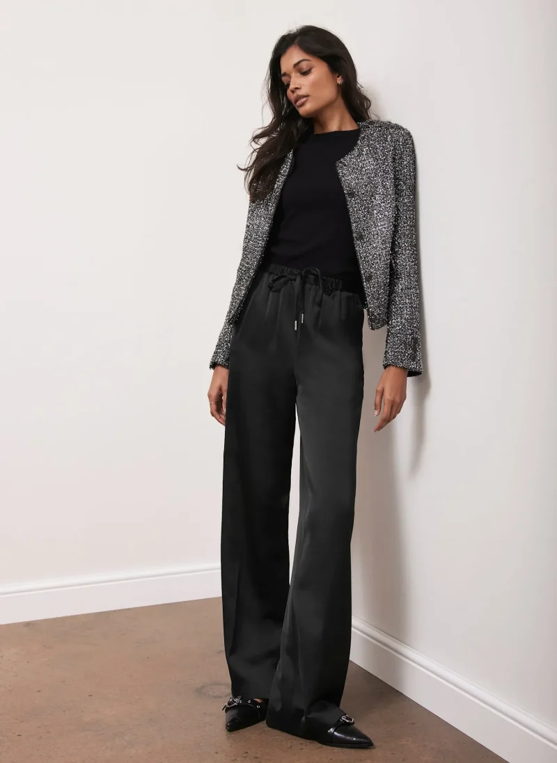 elegant black satin wide leg pants