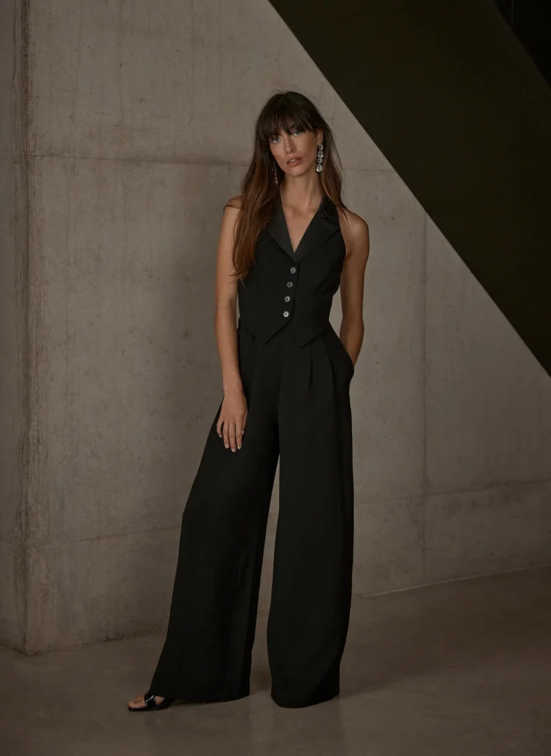 elegant black wide leg tuxedo jumpsuit for women