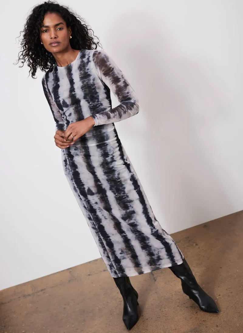 elegant grey mesh midi dress with abstract print