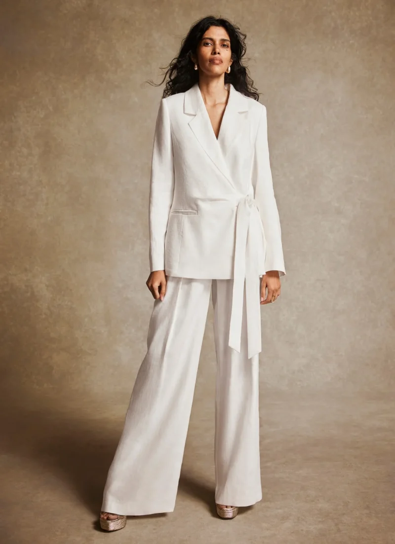 elegant white linen wide leg pants