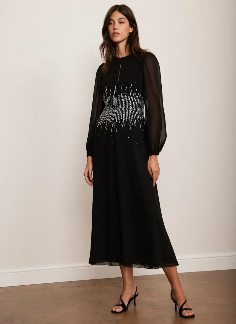 embellished black midi dress