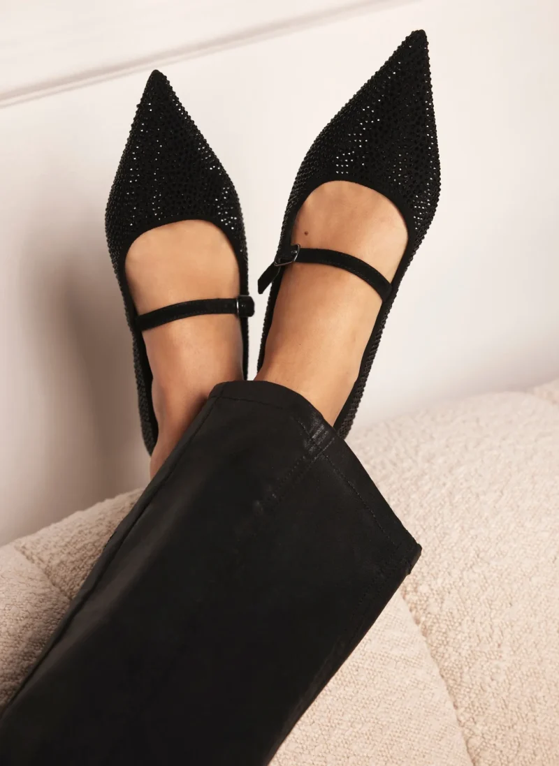 embellished black pointed toe flats