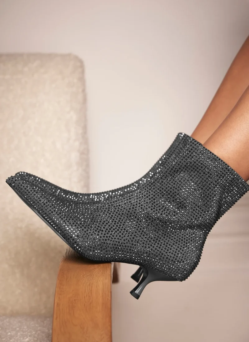 embellished grey kitten heel ankle boots