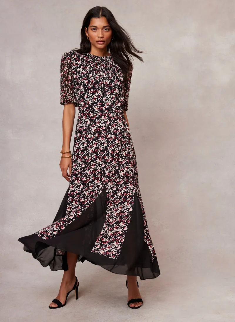 floral godet maxi dress in black