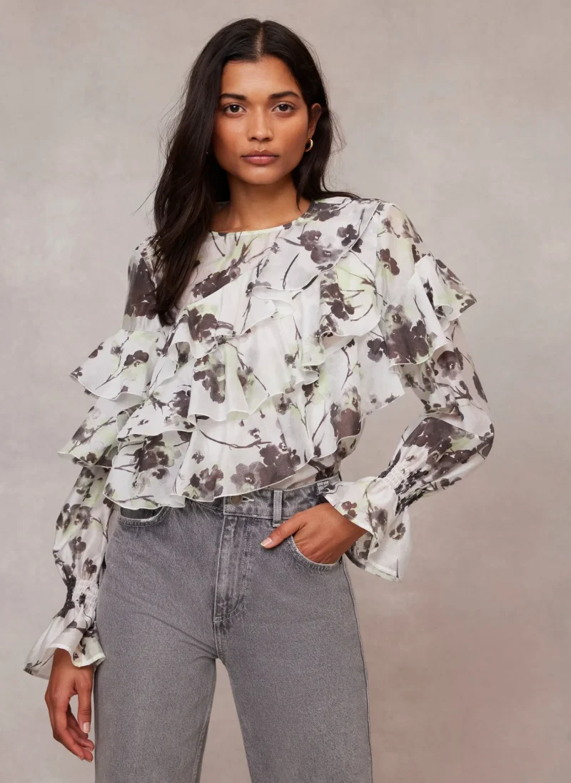 floral ruffle blouse neutral print