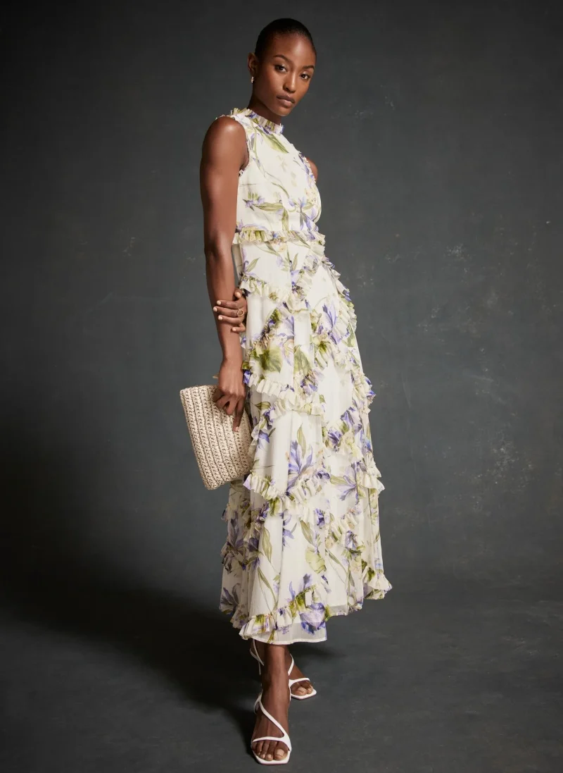 floral ruffle maxi dress in cream