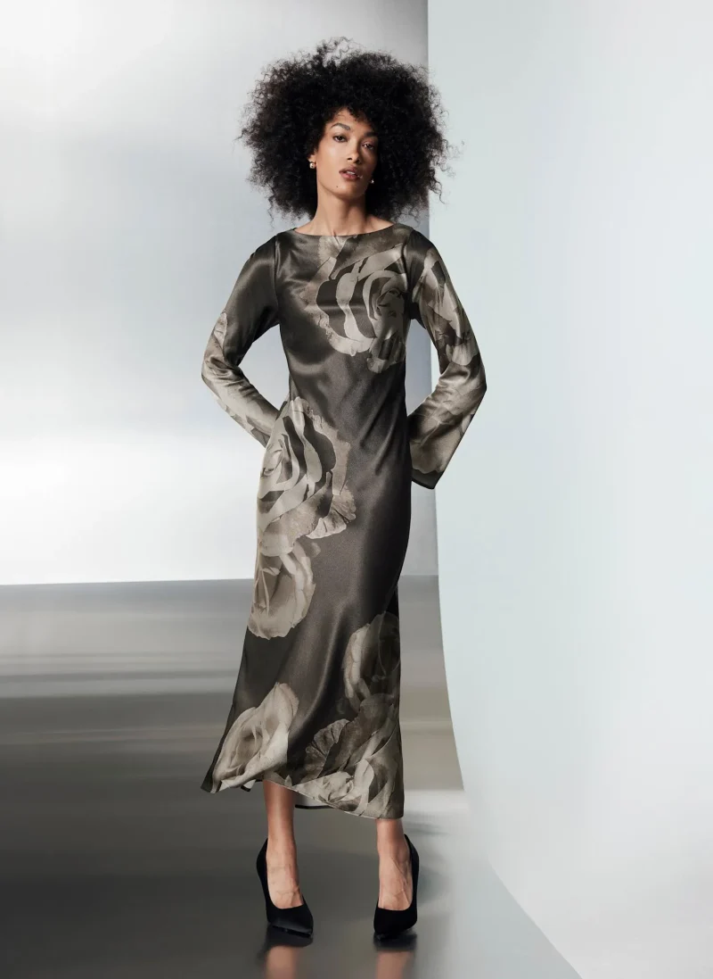 floral satin grey maxi dress