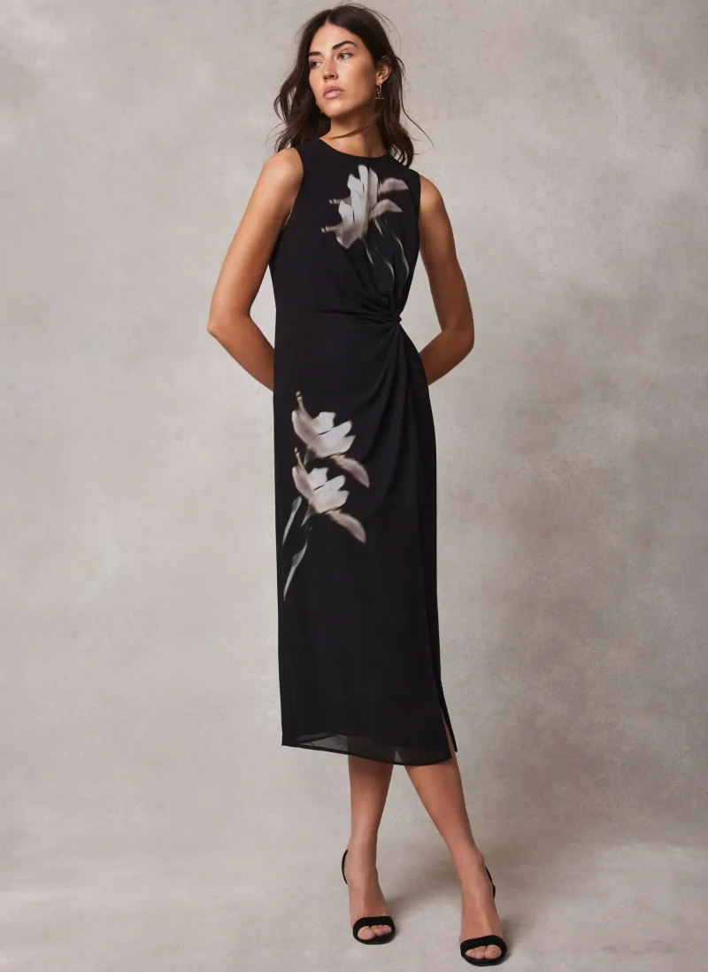 floral twist waist black midi dress